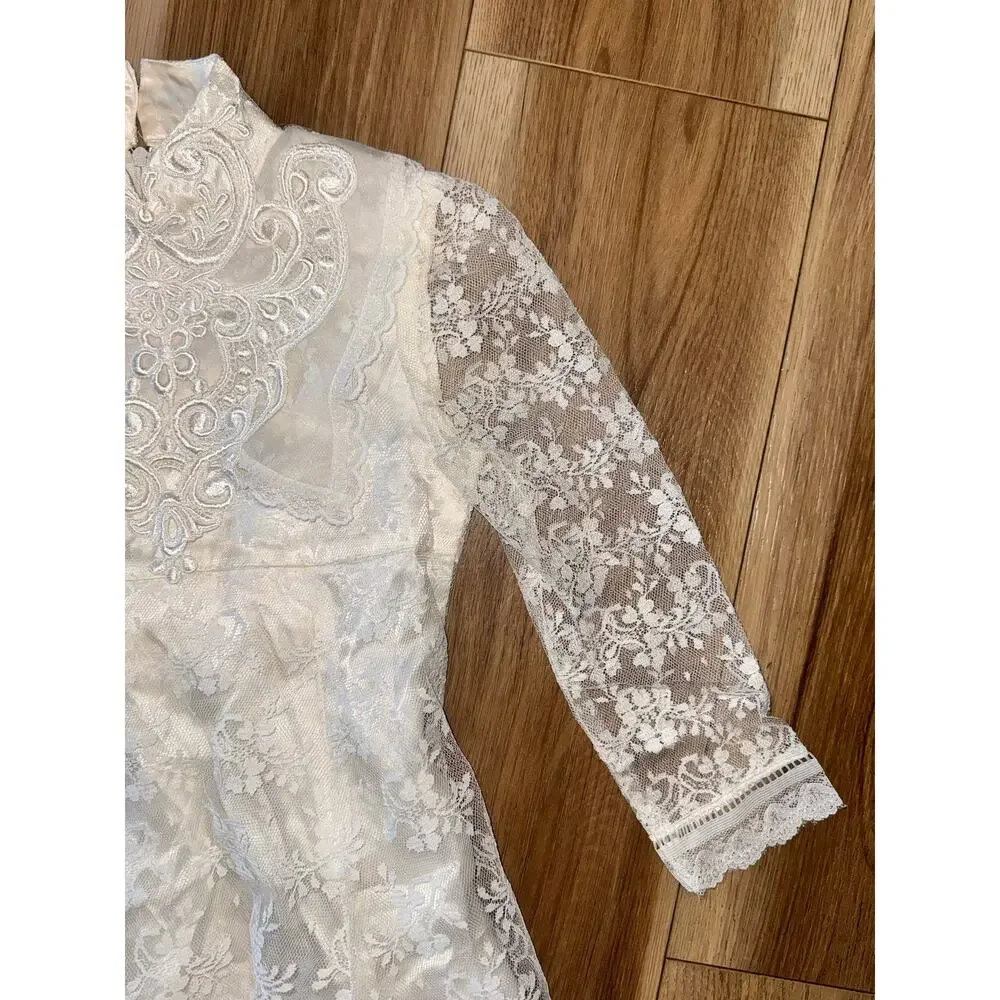 Vintage Jessica McClintock Girls White Lace Mock Neck Mini Dress Size 4